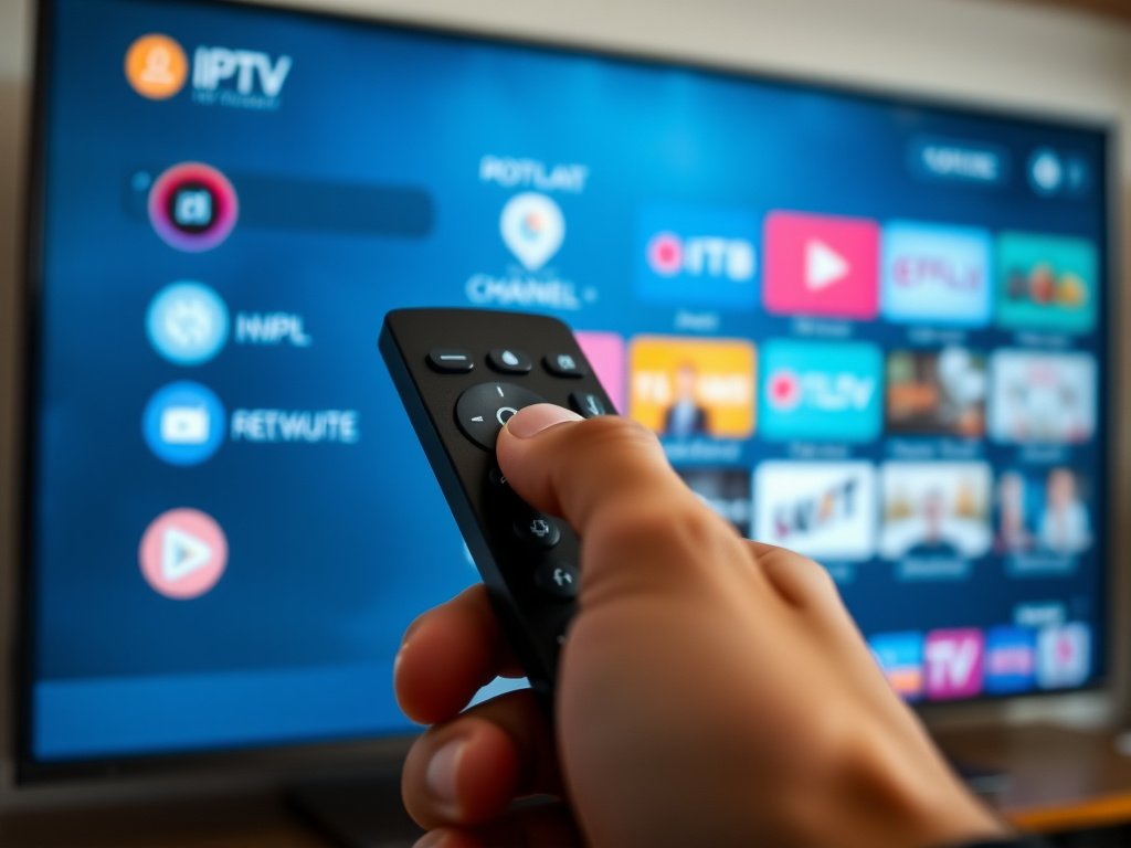 Close-up of a hand holding a smart TV remote, navigating an IPTV app interface with various channel logos