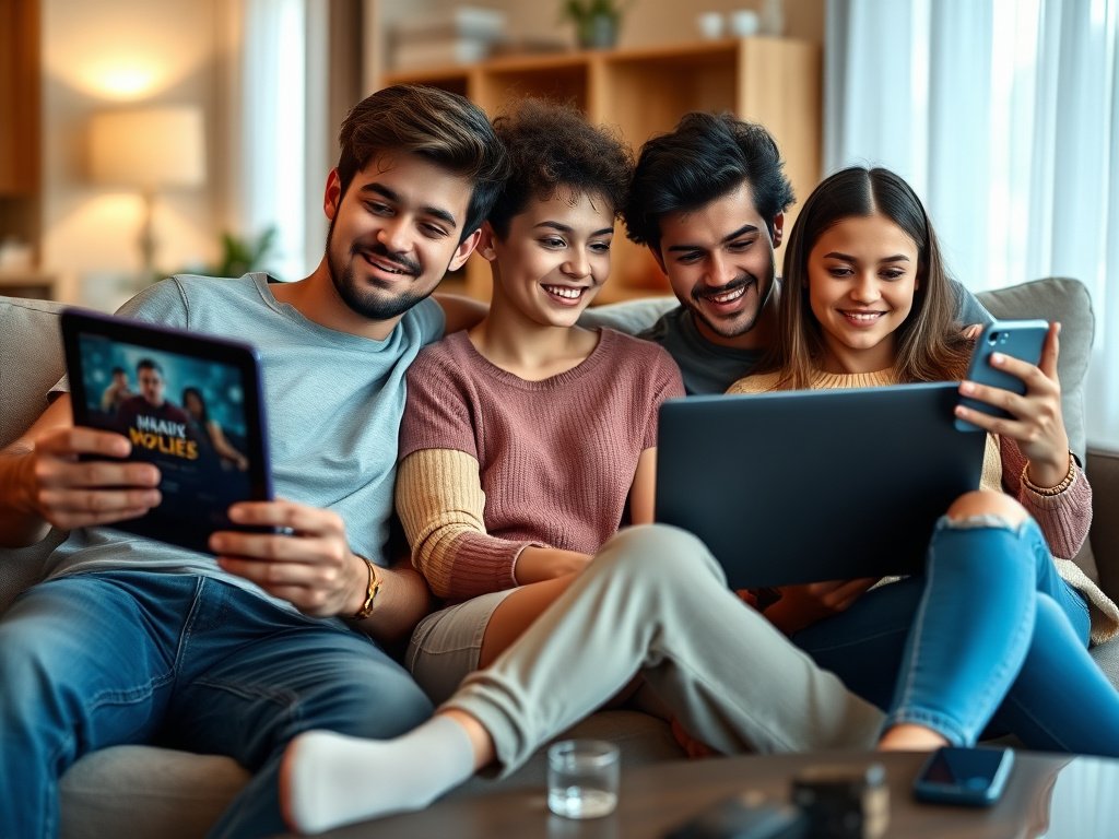 Diverse group of friends watching streaming content on multiple devices, highlighting the flexibility of cheap IPTV