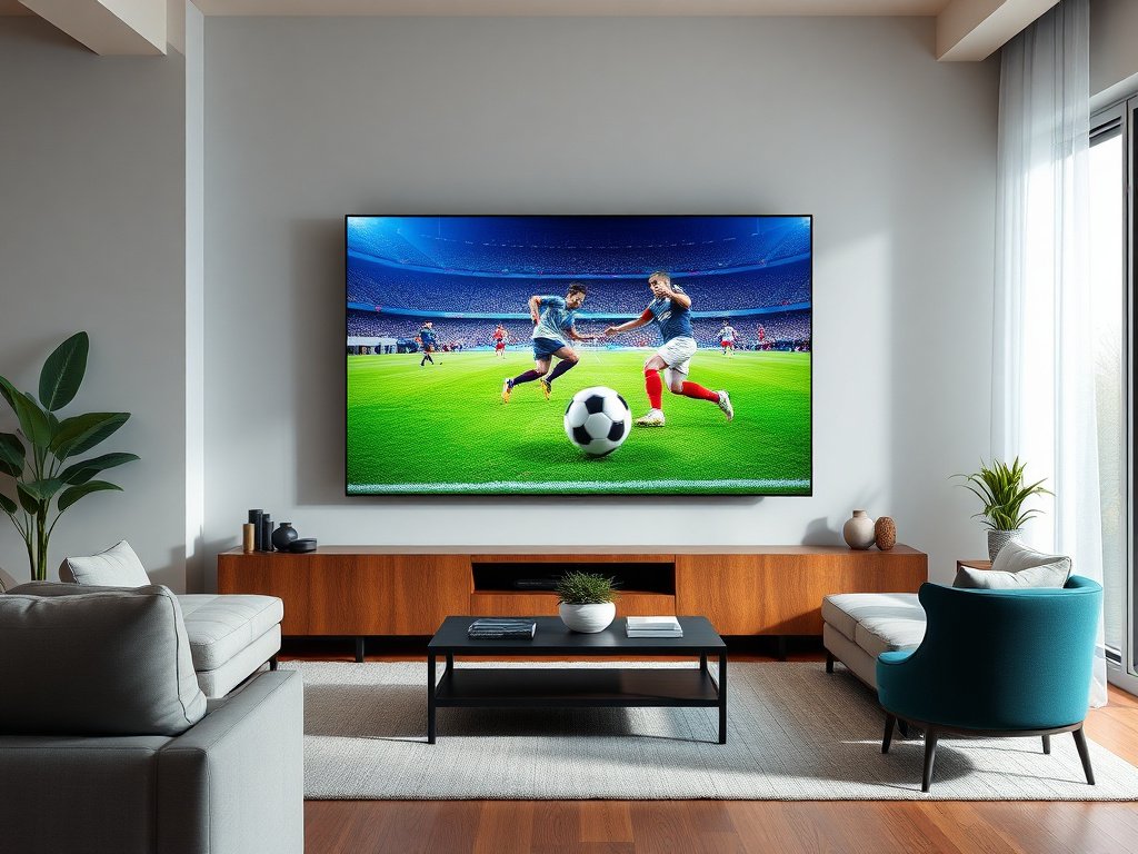 Modern living room television displaying Strong8K IPTV crystal clear sports broadcast