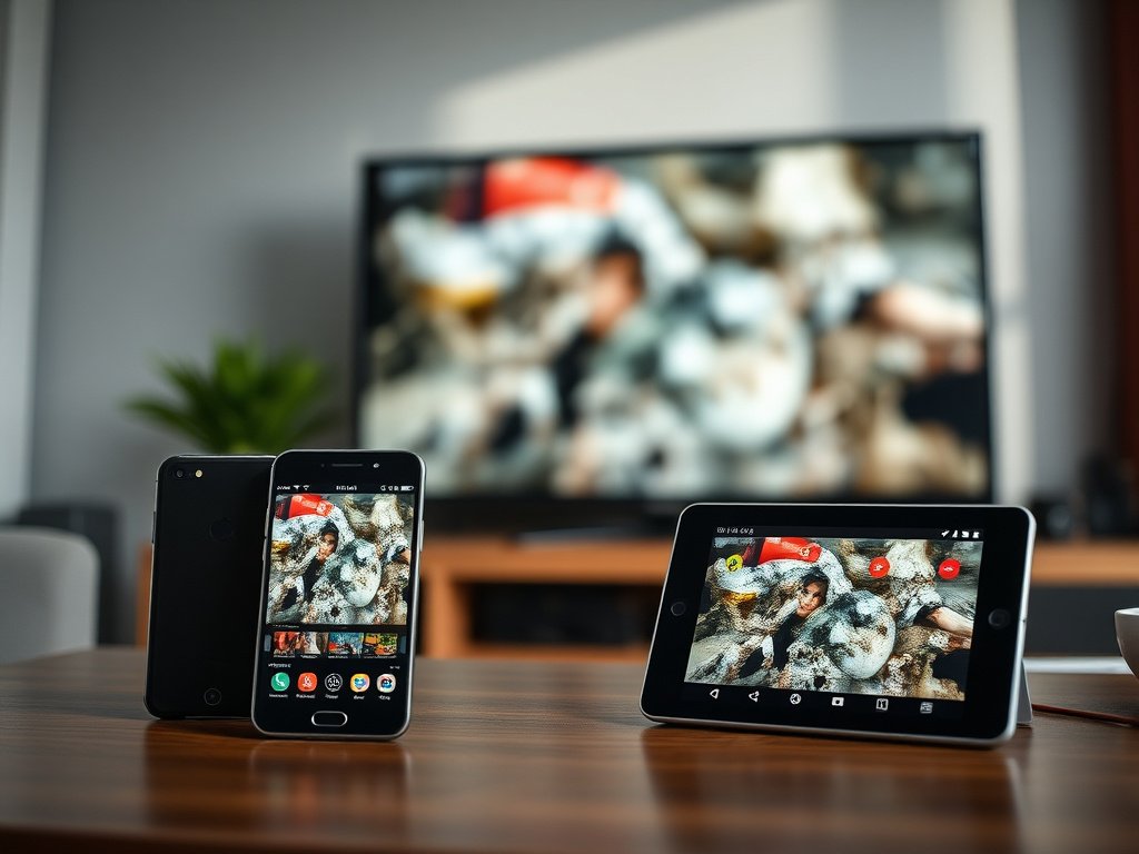 Multiple devices including smartphone tablet and TV running IPTV Strong Pro application