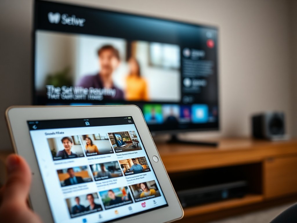 Multiple devices showing IPTV8K content including smartphone, tablet, and television screen