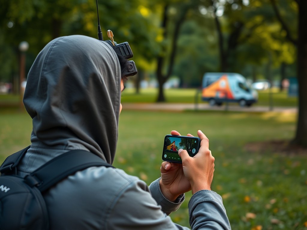 Nomad watching IPTV on phone in a park