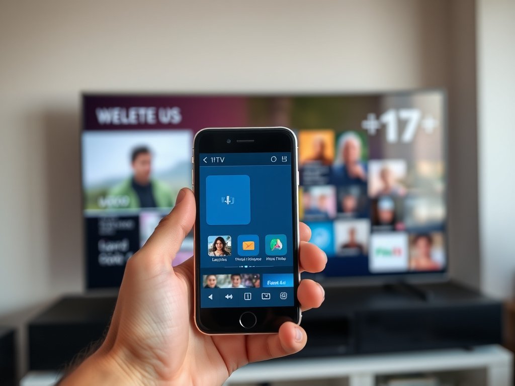Person using smartphone to control Strong 8K IPTV service on multiple devices