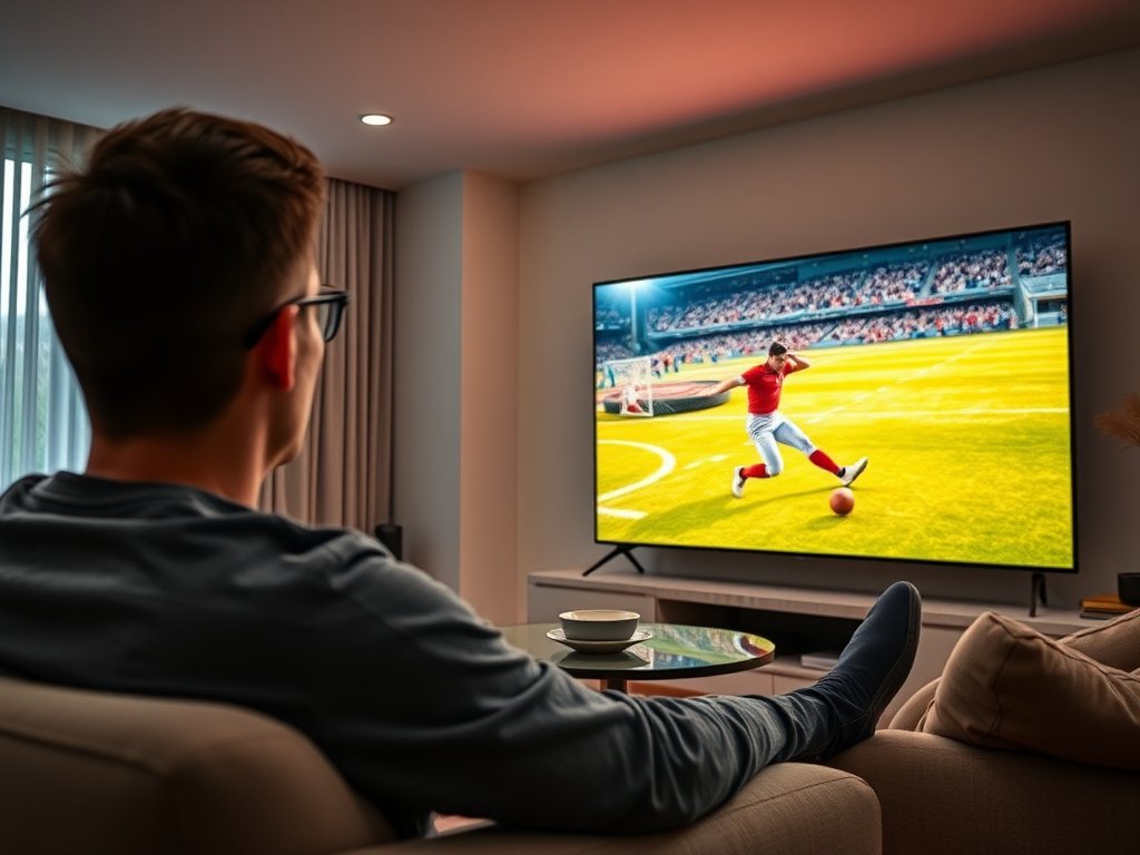 Person watching Strong IPTV 8K on large screen television with crystal clear picture quality