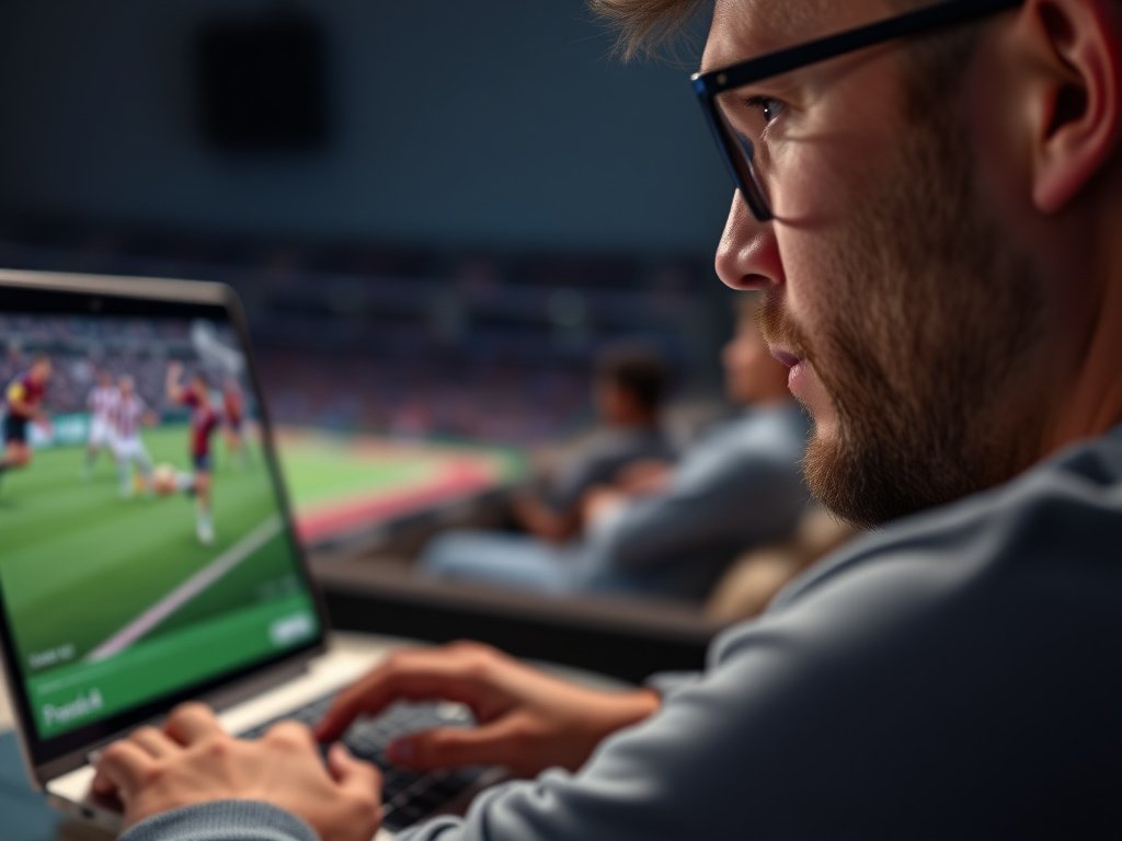 Sports fan watching live game on laptop