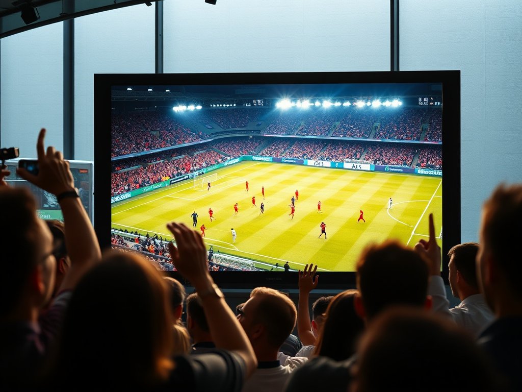Football player in action with TV screen in background