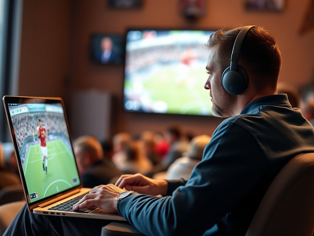 Sports fan watching a game on a laptop